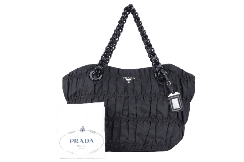 PRADA GAUFRE BLACK NYLON SHOULDER BAG BLACK RESIN CHAIN WITH DUST COVER