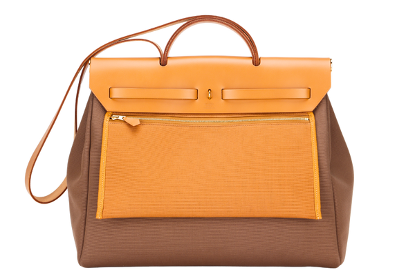 HERMES HERBAG ZIP RETOURNE 39 NATUREL SABLE COLOR VERSO TOILE OFFICER BICOLORE & ETOUPE-DUNE COLOR VACHE HUNTER GOLD HARDWARE WITH KEYS&LOCK, DUST COVER & BOX