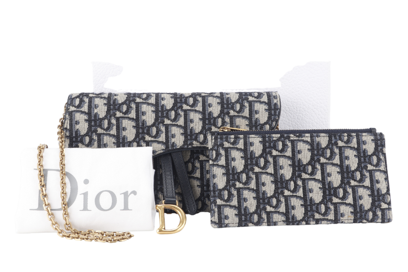 CHRISTIAN DIOR LONG SADDLE WALLET WITH CHAIN BLUE OBLIQUE LEATHER TRIMS GOLD HARDWARE WITH DUST COVER, STRAPS AND BOX
