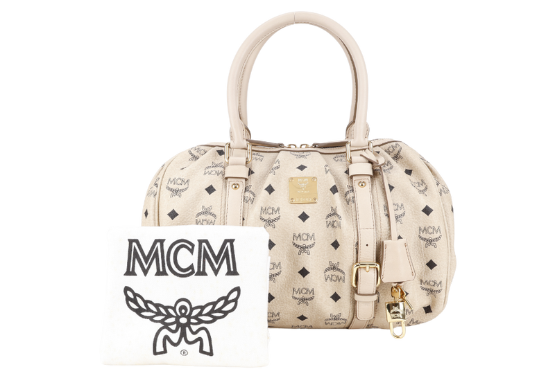 MCM BOSTON LIGHT BEIGE MONOGRAM CANVAS GOLD HARDWARE WITH KEYS, LOCK AND DUST COVER