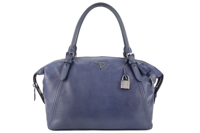 PRADA BR4998 BLUE LARGE LEATHER BOSTON BAG SILVER HARDWARE WITH KEYS & LOCK NO DUST COVER
