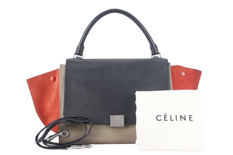 CELINE TRAPEZE BAG IN BEIGE TAUPE TRICOLOR LEATHER WITH BLACK FLAP ON ORANGE TOP SILVER HARDWARE WITH STRAPS AND DUST COVER