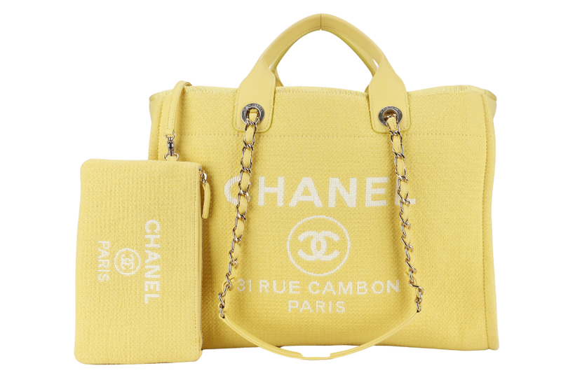 CHANEL DEAUVILLE TOTE BAG MICROCHIP (AJPXxxxx) LARGE YELLOW CANVAS GOLD HARDWARE WITH POUCH NO DUST COVER