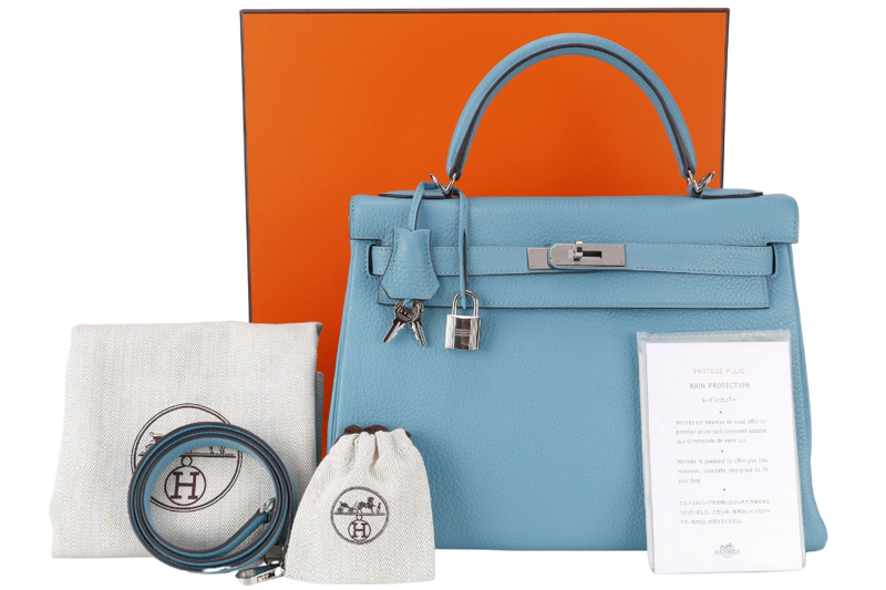 HERMES KELLY 32 BLUE ATOLL CLEMENCE SILVER HARDWARE STAMP X (YEAR 2016) WITH KEYS&LOCK, STRAPS, DUST COVER AND BOX