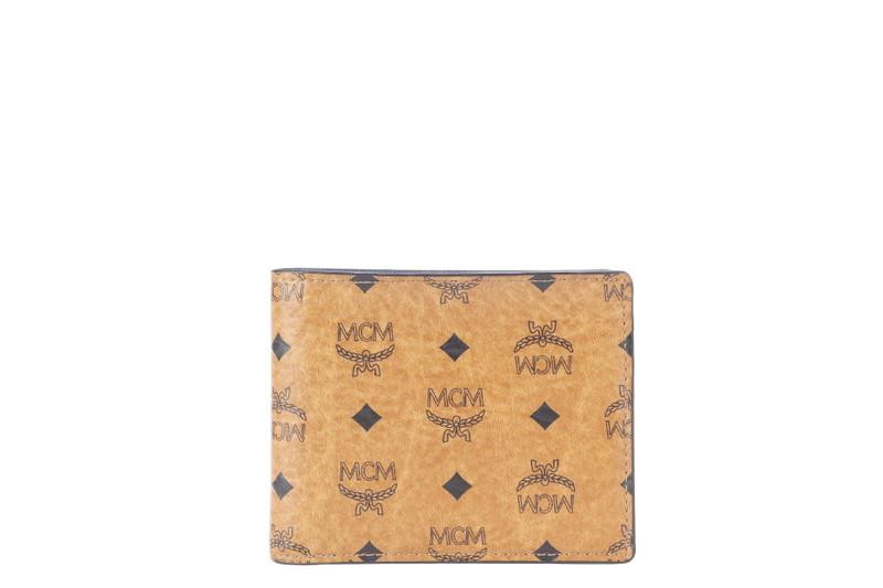 MCM AREN BI FOLD WALLET BROWN-BLUE LEATHER SILVER HARDWARE WITH DUST COVER AND BOX