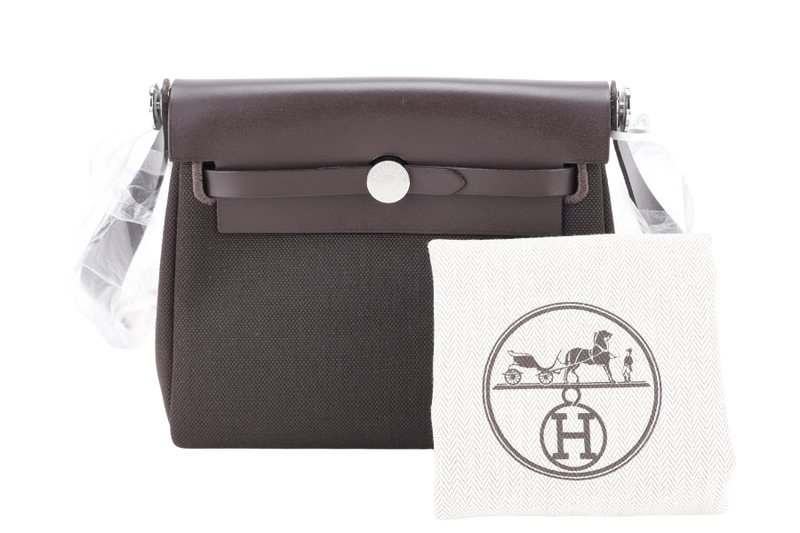 HERMES MINI HERBAG STAMP W (YEAR 2024) EBENE TOILE SILVER HARDWARE WITH DUST COVER