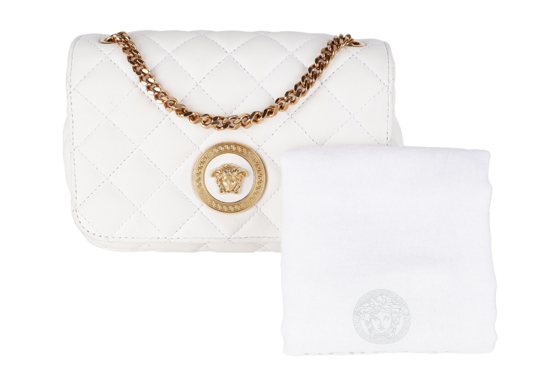 VERSACE MEDUSA SMALL WHITE NAPPA QUILTED LEATHER CROSSBODY GOLD HARDWARE WITH DUST COVER