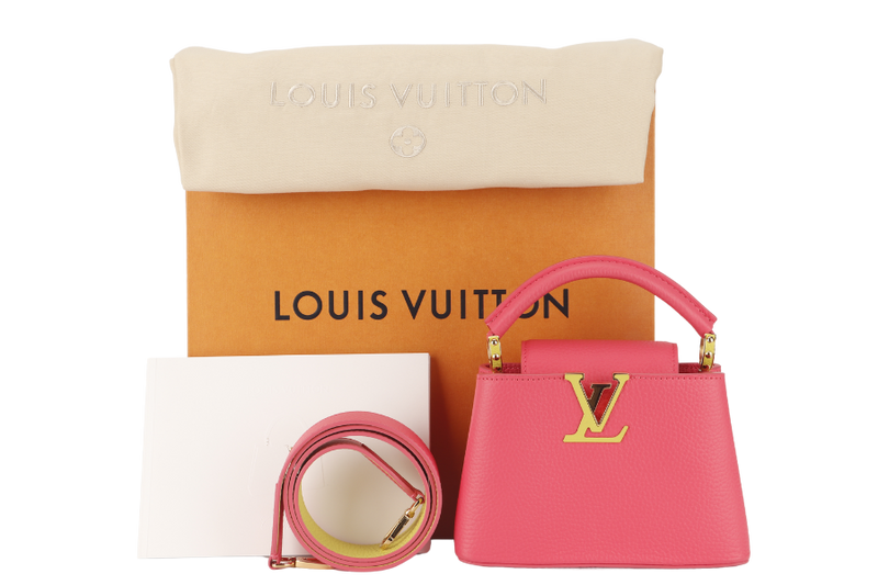 LOUIS VUITTON MINI CAPUCINES (M59440) PINK-LIME TAURILLON LEATHER GOLD HARDWARE MICROCHIP WITH STRAP, DUST COVER AND BOX