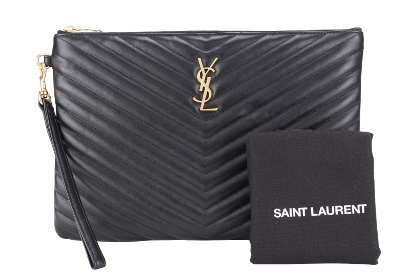 YVES SAINT LAURENT (YSL) CASSANDRA CLUTCH BLACK CHEVRON WITH STRAPS AND DUST COVER