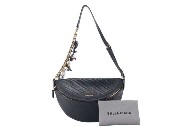 BALENCIAGA SOUVENIR BELT BAG BLACK CALF LEATHER GOLD HARDWARE WITH DUST COVER