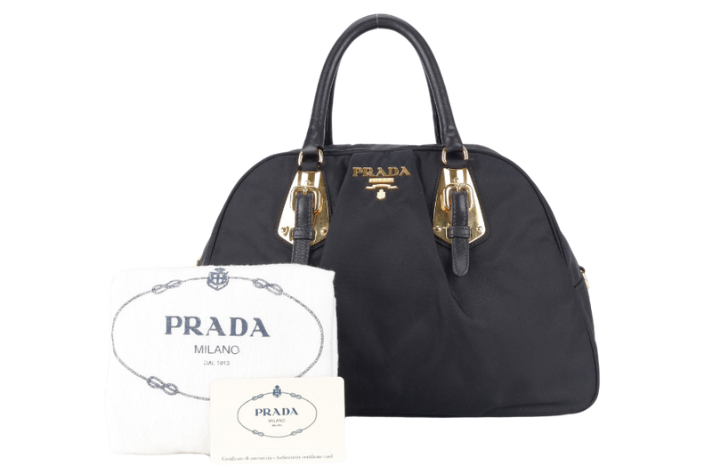 PRADA BL0470 BLACK NYLON BOWLING BAG GOLD HARDWARE WITH CARD, DUST COVER AND LOCK