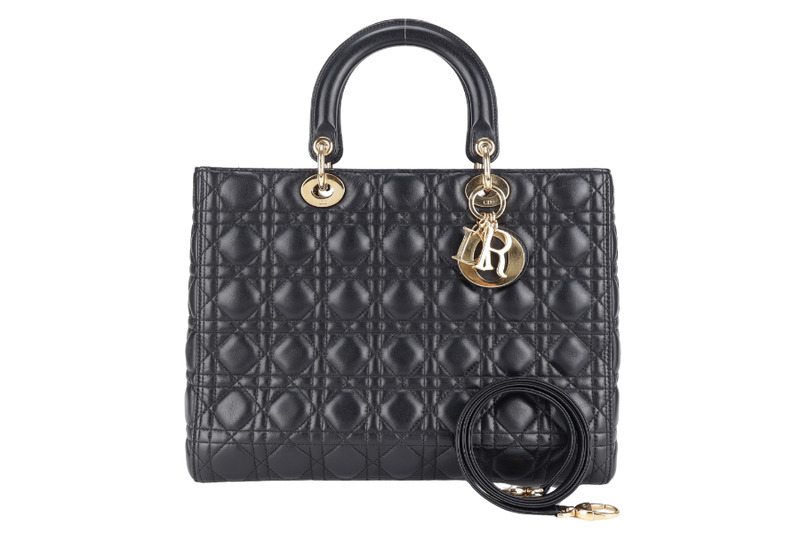 CHRISTIAN DIOR LADY DIOR LARGE BLACK LAMBSKIN 18-MA-0114 GOLD HARDWARE WITH STRAPS, NO DUST COVER