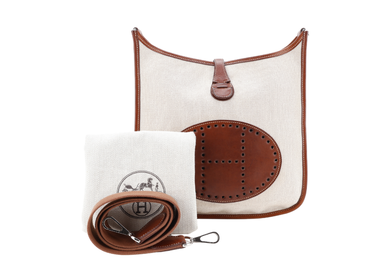 HERMES EVELYN PM STAMP SQUARE K (YEAR 2007) TOILE x BARENIA LEATHER WITH STRAP AND DUST COVER