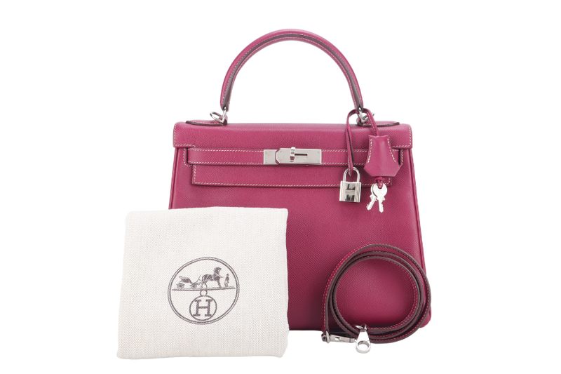 HERMES KELLY 28 CANDY VERSO TOSCA AND ROSE TYRIEN COLOR EPSOM SILVER HARDWARE STAMP O (YEAR 2011) WITH KEYS, LOCK, STRAP AND DUST COVER