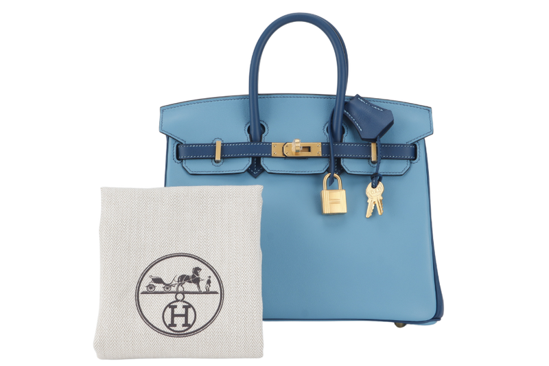 HERMES BIRKIN 25 HSS STAMP U (YEAR 2022) BLUE CELESTE MIX NAVY BLUE SWIFT LEATHER BRUSHED GOLD HARDWARE WITH LOCK&KEYS AND DUST COVER