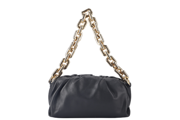 BOTTEGA VENETA THE CHAIN POUCH BLACK CALFSKIN LEATHER GOLD HARDWARE WITH DUST COVER