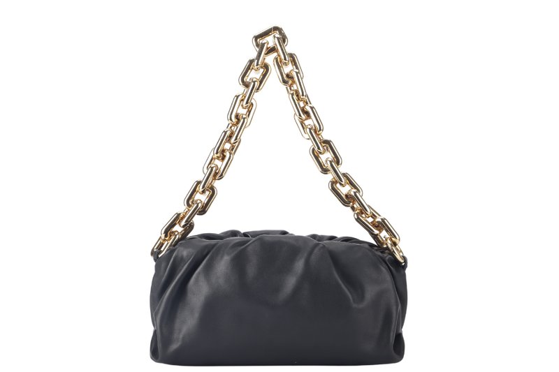 BOTTEGA VENETA THE CHAIN POUCH BLACK CALFSKIN LEATHER GOLD HARDWARE WITH DUST COVER