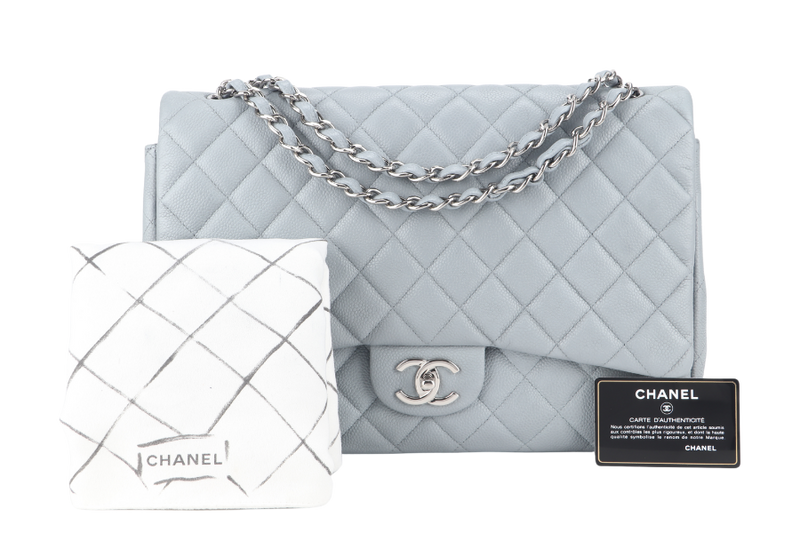CHANEL CLASSIC FLAP MAXI GREY CAVIAR LEATHER WITH SILVER CHAIN (1739xxxx) WITH CARD , DUST COVER AND BOX