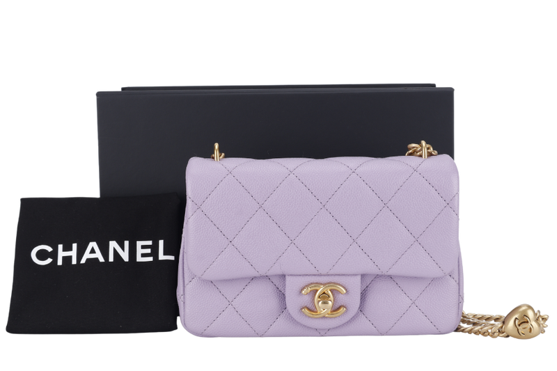 CHANEL MINI SWEETHEART RECTANGLE FLAP BAG (P9TExxxx) LIGHT PURPLE CAVIAR GOLD HARDWARE WITH DUST COVER AND BOX