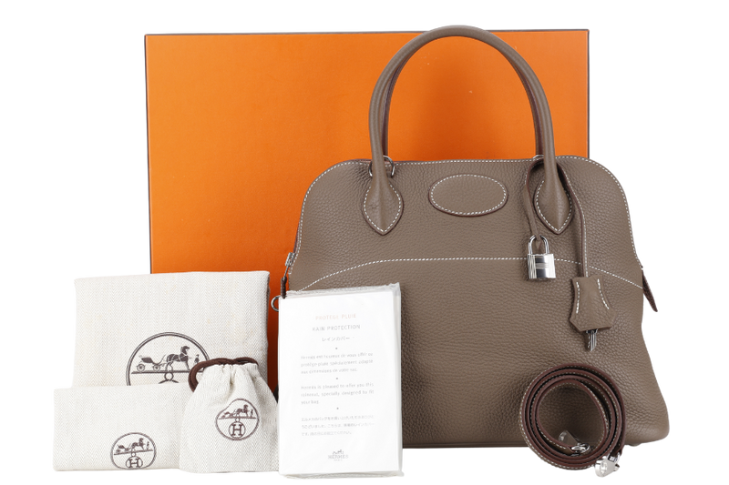 HERMES BOLIDE 31 TAUPE CLEMENCE LEATHER SILVER HARDWARE STAMP A (YEAR 2017) WITH STRAPS, DUST COVER AND BOX