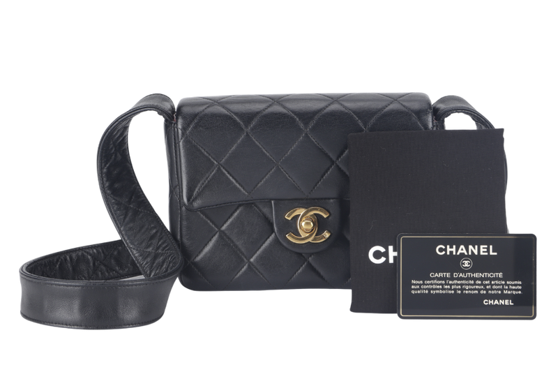 CHANEL VINTAGE MINI SQUARE LEATHER STRAPS (463xxxx) BLACK LAMBSKIN WITH CARD AND DUST COVER