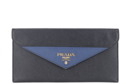 PRADA 1MF006 SAFFIANO LEATHER ENVELOPE CLUTCH BLACK & BLUE WITH CARD AND BOX