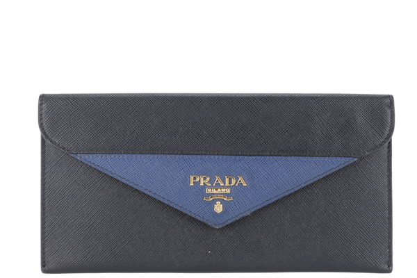 PRADA 1MF006 SAFFIANO LEATHER ENVELOPE CLUTCH BLACK & BLUE WITH CARD AND BOX