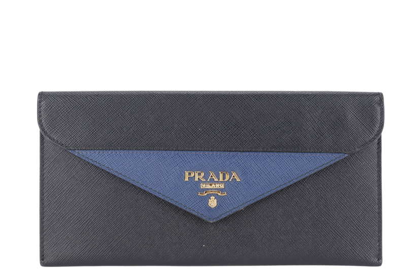 PRADA 1MF006 SAFFIANO LEATHER ENVELOPE CLUTCH BLACK & BLUE WITH CARD AND BOX