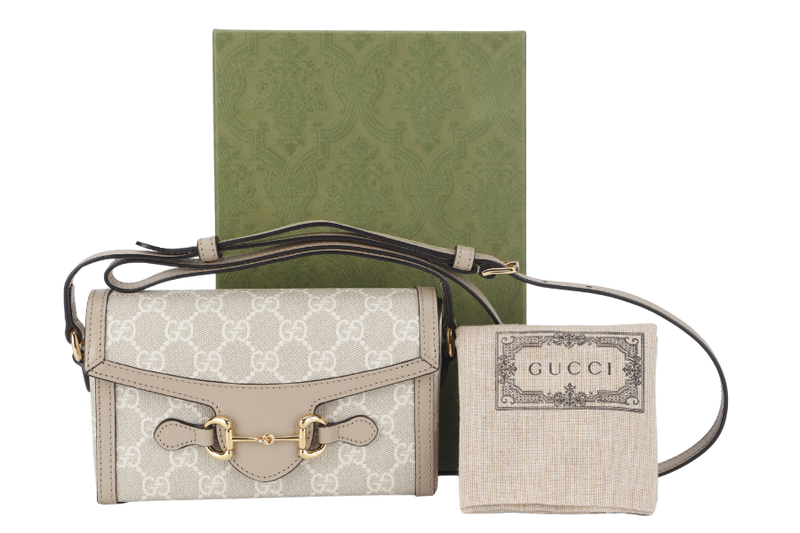 GUCCI MINI HORSEBIT 1955 (699296) BEIGE WHITE GG SUPREME CANVAS GOLD HARDWARE (PIG SKIN) WITH DUST COVER AND BOX