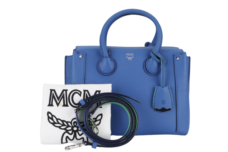 MCM NEO MILLA TOTE PARK AVE MEDIUM BLUE LEATHER SILVER HARDWARE WITH STRAPS AND DUST COVER