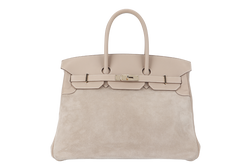 HERMES BIRKIN 35 GRIZZLY ARGILE SWIFT, DOBLIS WITH PERMABRASS HARDWARE STAMP Q (2013) WITH KEYS, LOCK, RAINCOAT AND DUST COVER