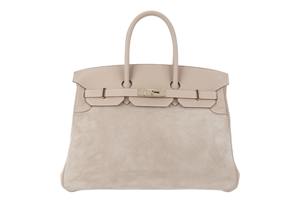 HERMES BIRKIN 35 GRIZZLY ARGILE SWIFT, DOBLIS WITH PERMABRASS HARDWARE STAMP Q (2013) WITH KEYS, LOCK, RAINCOAT AND DUST COVER