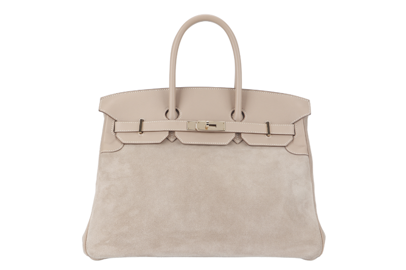 HERMES BIRKIN 35 GRIZZLY ARGILE SWIFT, DOBLIS WITH PERMABRASS HARDWARE STAMP Q (2013) WITH KEYS, LOCK, RAINCOAT AND DUST COVER