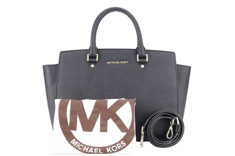 MICHAEL KORS SELMA LARGE SAFFIANO BLACK LEATHER TOTE BAG WITH GOLD HARDWARE AND DUST COVER