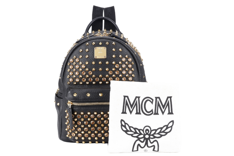 MCM BLACK SMALL BACKPACK GOLD STUDDED SWAROVSKI BACKPACK WITH DUST COVER