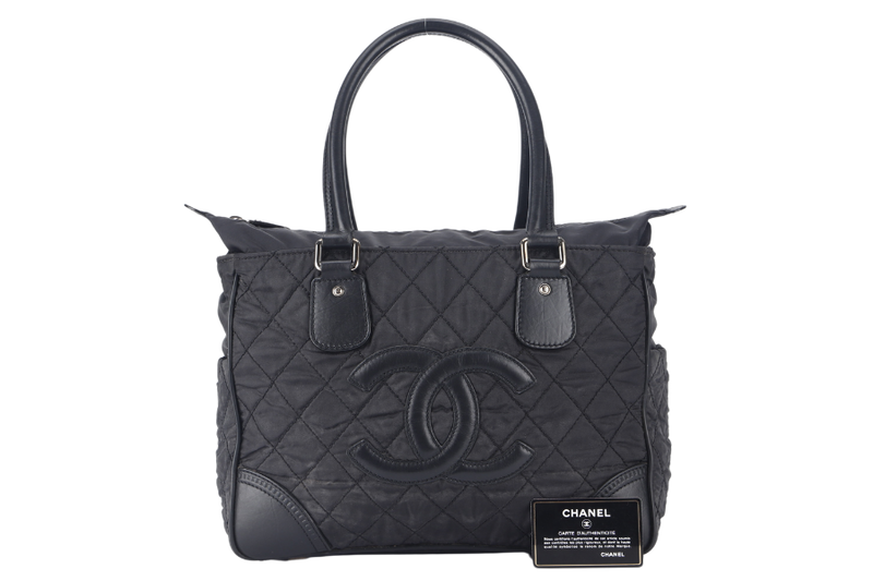 CHANEL PARIS NEW YORK TOTE BAG (1082xxxx) BLACK NYLON SILVER HARDWARE WITH CARD