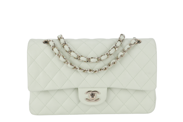 CHANEL FLAP MEDIUM (ALUNxxxx) MINT GREEN CAVIAR LEATHER LIGHT GOLD HARDWARE MICROCHIP WITH DUST COVER