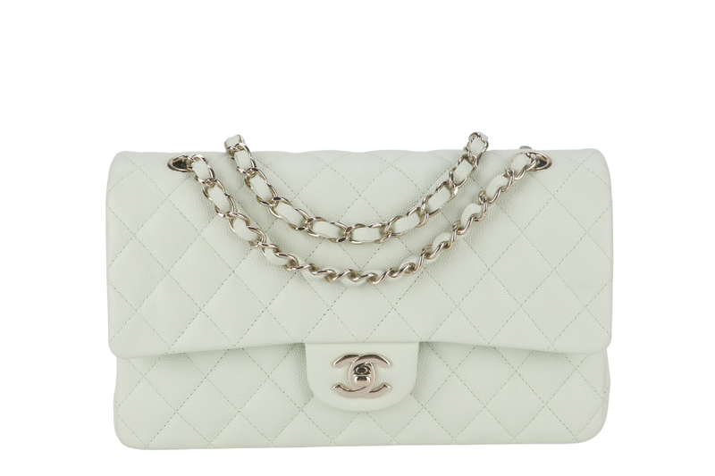 CHANEL FLAP MEDIUM (ALUNxxxx) MINT GREEN CAVIAR LEATHER LIGHT GOLD HARDWARE MICROCHIP WITH DUST COVER