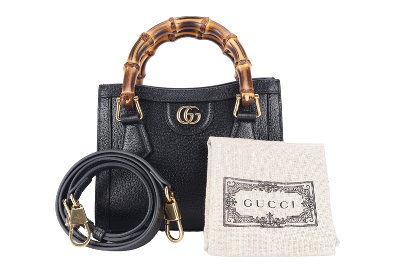 GUCCI DIANA BAMBOO MINI SHOULDER BAG BLACK CALFSKIN LEATHER GOLD HARDWARE WITH STRAPS AND DUST COVER