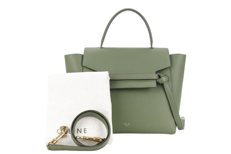 CELINE MICRO BELT BAG GREEN LEATHER GOLD HARDWARE WITH STRAPS AND DUST COVER