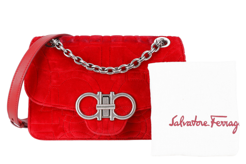 SALVATORE FERRAGAMO 21H248 VELVET RED QUILTED GANCINI CROSSBODY BAG WITH DUST COVER