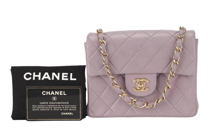 CHANEL VINTAGE CLASSIC FLAP MINI SQUARE (795xxxx) LILAC LAMBSKIN GOLD HARDWARE WITH CARD AND DUST COVER