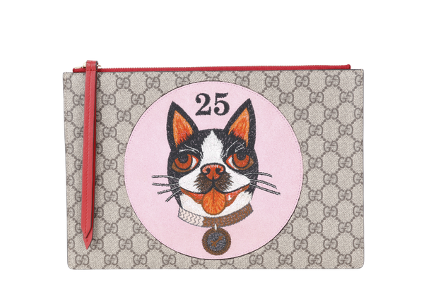 GUCCI BOSCO GG SUPREME CANVAS CLUTCH BAG, PINK, BEIGE AND RED WITH DUST COVER AND BOX