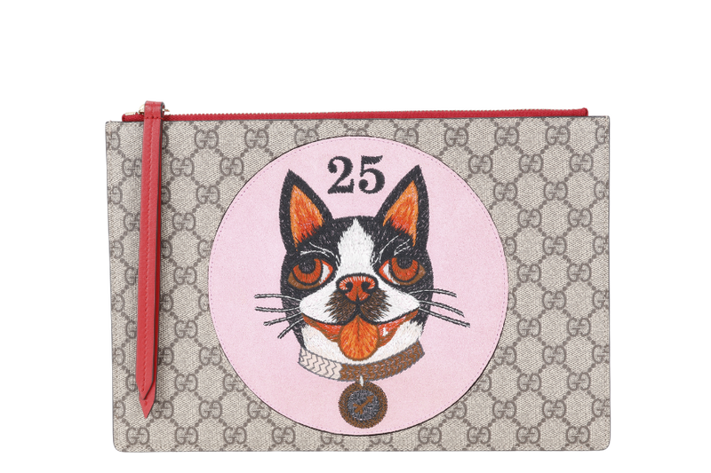 GUCCI BOSCO GG SUPREME CANVAS CLUTCH BAG, PINK, BEIGE AND RED WITH DUST COVER AND BOX