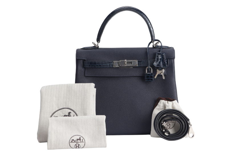 HERMES KELLY 28 STAMP Y (YEAR 2021) TOUCH NILOTICUS TOGO BLUE NUIT, BLUE BALTIQUE SILVER HARDWARE WITH KEYS&LOCK AND DUST COVER