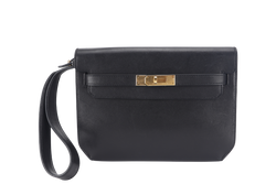 HERMES KELLY DEPECHES POUCH 25 STAMP U (YEAR 2022) BLACK EVERCOLOR LEATHER GOLD HARDWARE