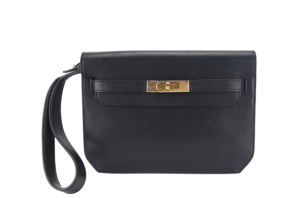 HERMES KELLY DEPECHES POUCH 25 STAMP U (YEAR 2022) BLACK EVERCOLOR LEATHER GOLD HARDWARE