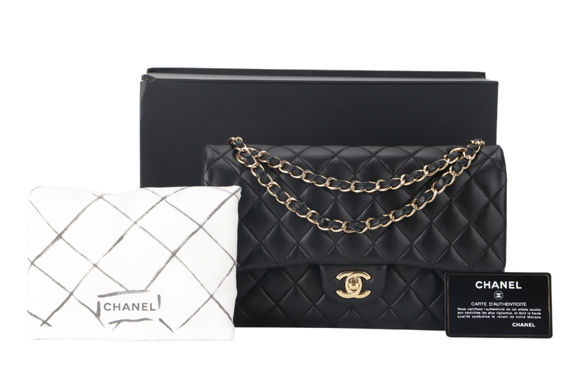 CHANEL CLASSIC FLAP MEDIUM BLACK LAMBSKIN GOLD HARDWARE WITH CARD (3040xxxx) WITH DUST COVER  AND BOX