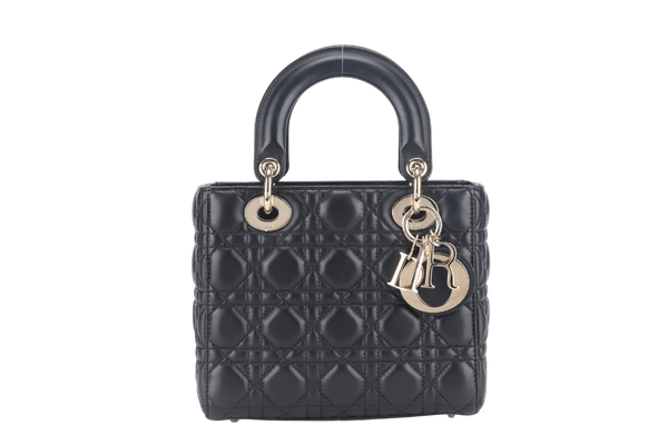 CHRISTIAN DIOR SMALL LADY DIOR BLACK LAMBSKIN GOLD HARDWARE WITH ICONS STRAPS AND DUST COVER