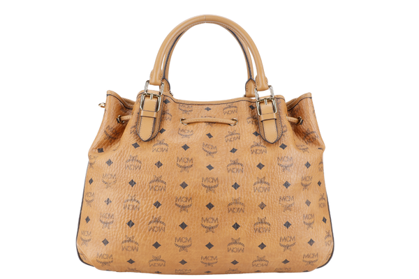 MCM VISETOS TWO WAY BAG BROWN CALFSKIN LEATHER GOLD HARDWARE WITH STRAPS, DUST COVER AND CARD